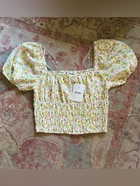 Elodie Cream Floral Smocked Puff Sleeve Crop Top